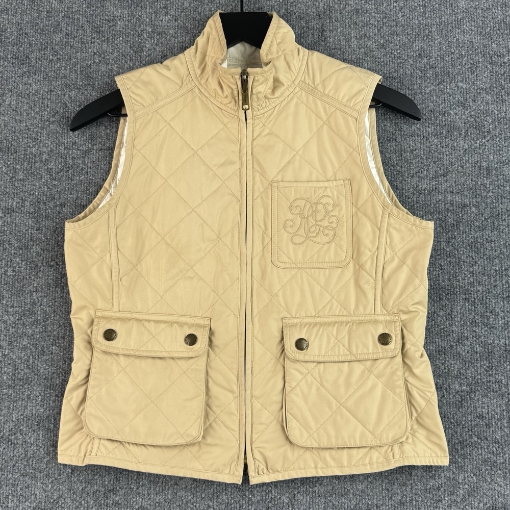 Lauren Ralph Lauren Vest Womens XXS Birch Tan Quilted Monogram Full Zip Outdoor